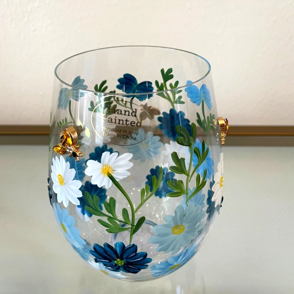Hand Painted & Jeweled Stemless Wine Glass Blue Daisy Floral Bumblebee NEW